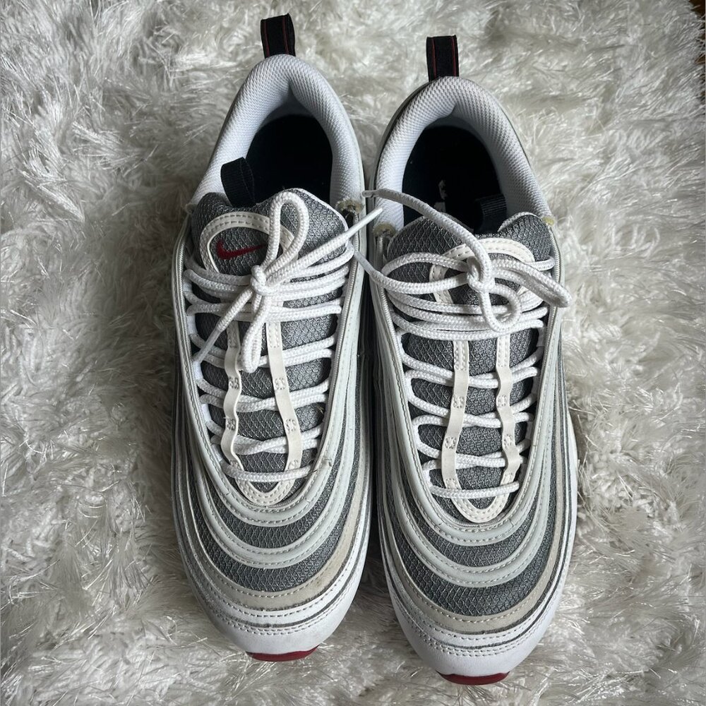 Nike Air Max 97 White Bullet men's shoe in white, silver, and varsity red